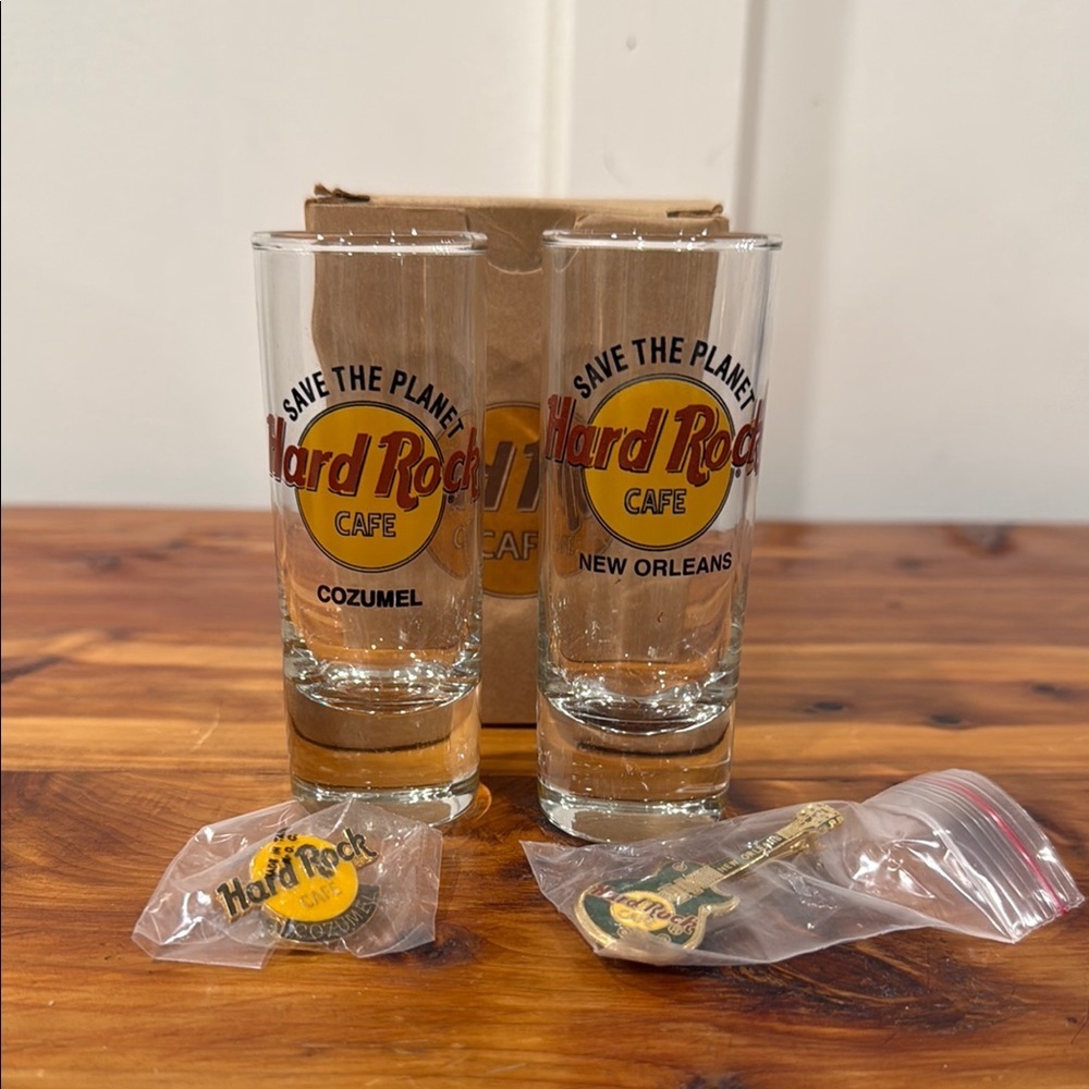 NIB Hard Rock Cafe Shot Glass & Pin Set Cozumel & New Orleans